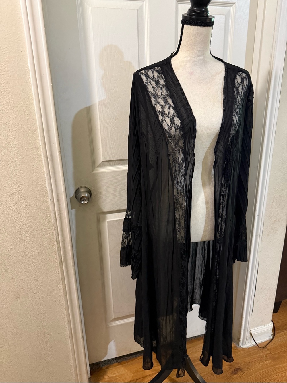 Komarov Lace Trim Plisse Pleated Duster Cardigan